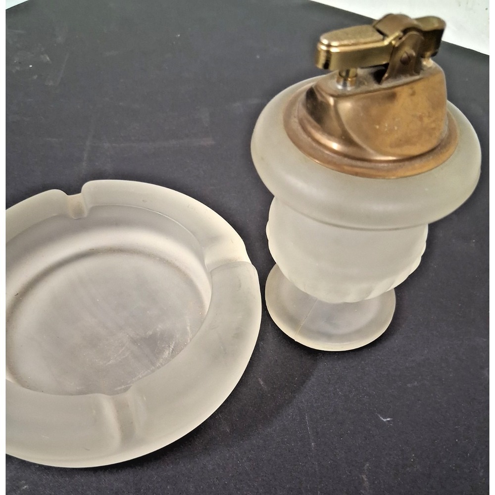 Vintage 1950s Indiana Glass Tiara frosted Satin Glass Table lighter + Ash Tray